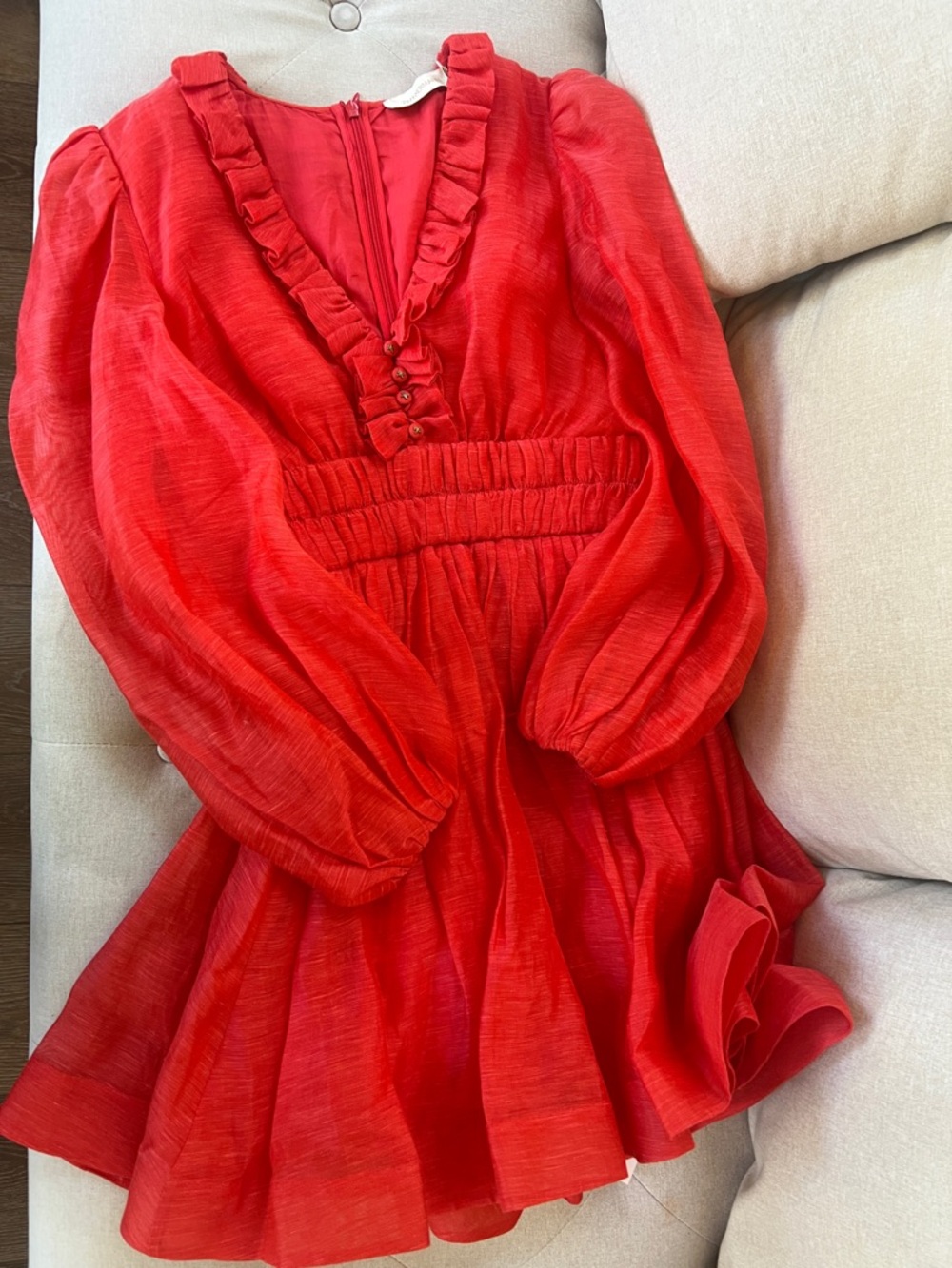 Zimmermann Coral Red Ruffle Detail Dress